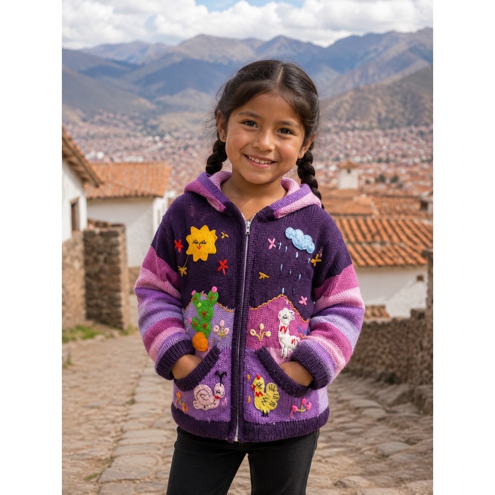 Vintage Hand Knit Purple Wool Storybook Cardigan Hooded Zip Up Sweater Kids‎ S/M